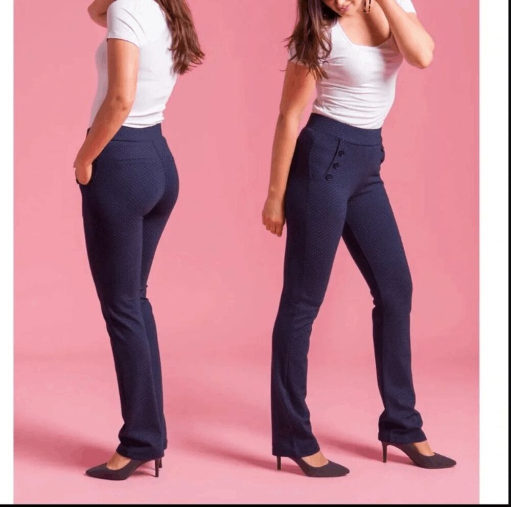 Betabrand Dotted Dots Straight Six Button Dress Pant Yoga Pants Large Long Tall